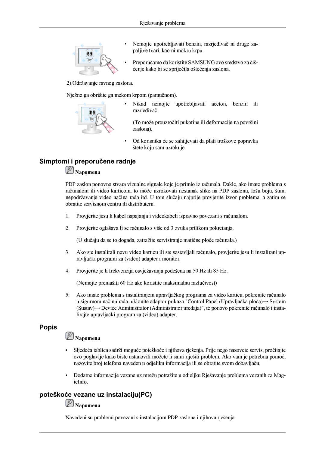 Samsung PH42KLPLBC/EN, PH50KLPLBC/EN manual Simptomi i preporučene radnje, Popis, Poteškoće vezane uz instalacijuPC 