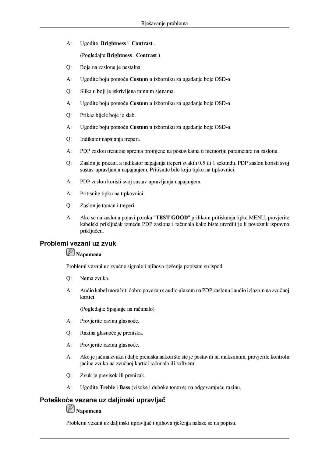 Samsung PH42KLPLBC/EN, PH50KLPLBC/EN manual Problemi vezani uz zvuk, Poteškoće vezane uz daljinski upravljač 