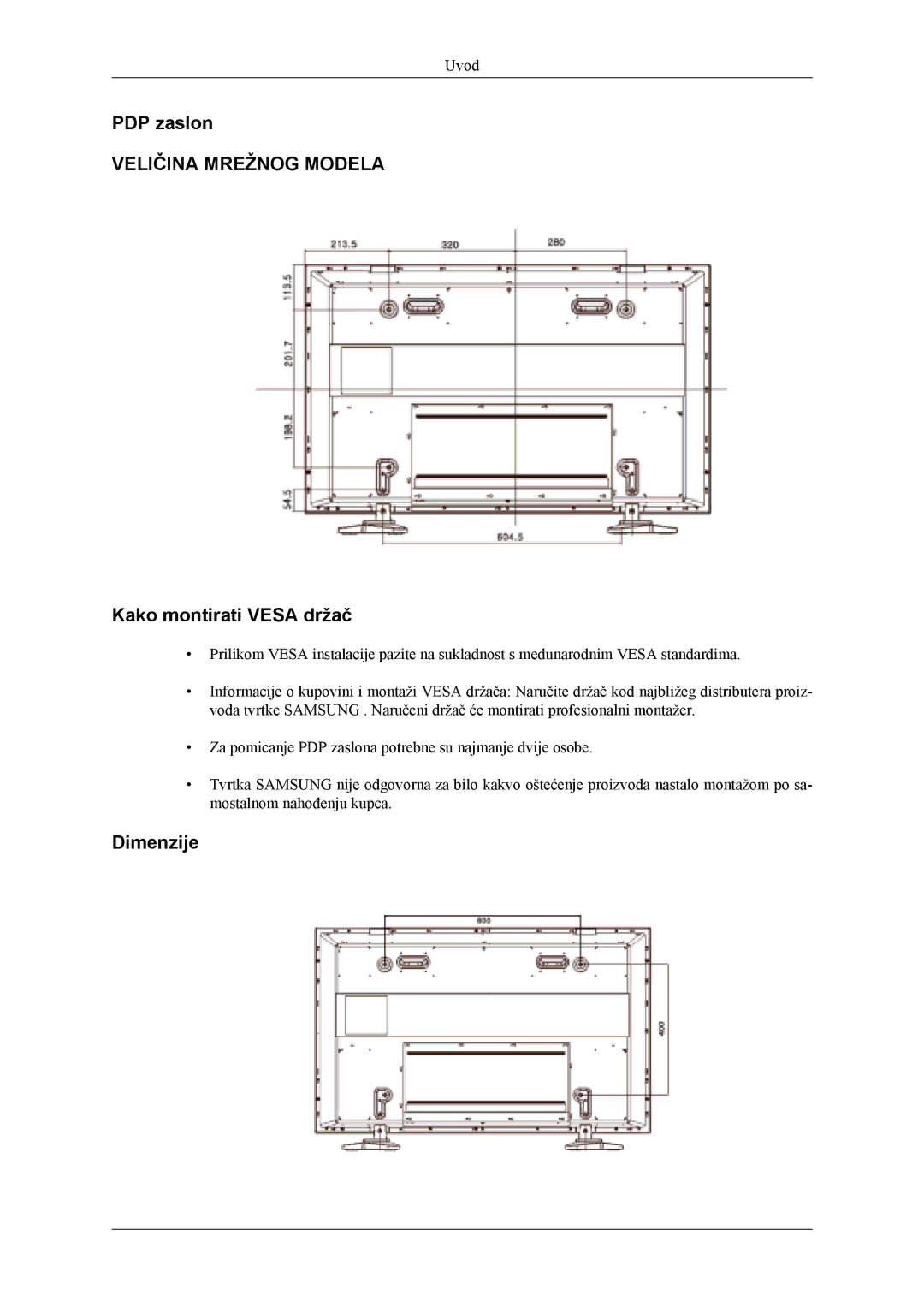 Samsung PH42KLPLBC/EN, PH50KLPLBC/EN manual PDP zaslon, Kako montirati Vesa držač, Dimenzije 