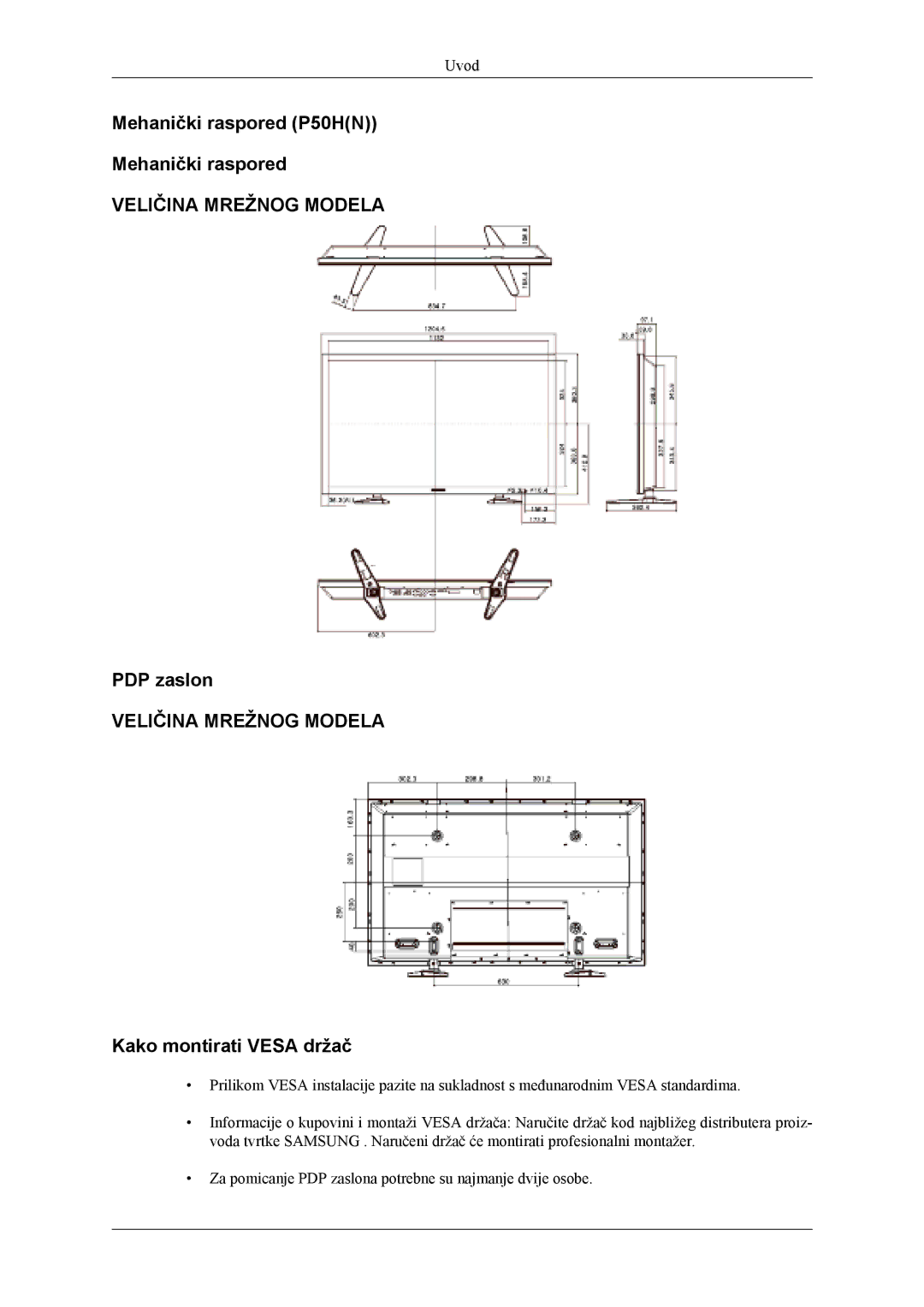 Samsung PH50KLPLBC/EN, PH42KLPLBC/EN manual Mehanički raspored P50HN, PDP zaslon 