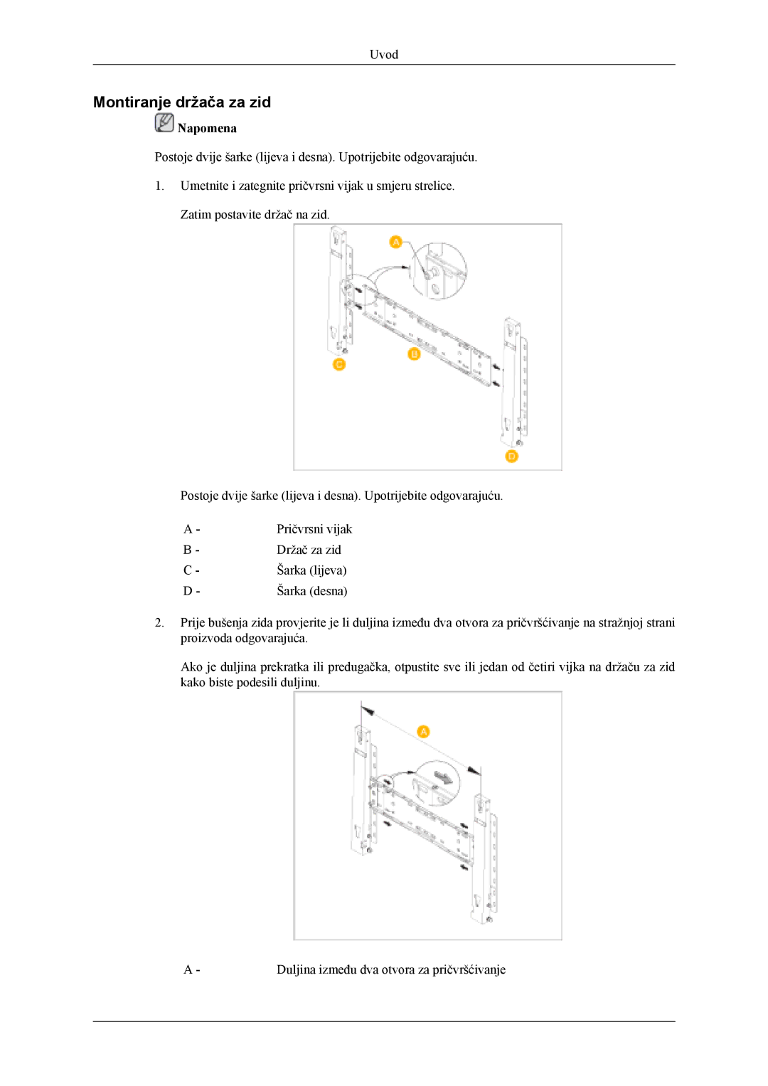 Samsung PH50KLPLBC/EN, PH42KLPLBC/EN manual Montiranje držača za zid 