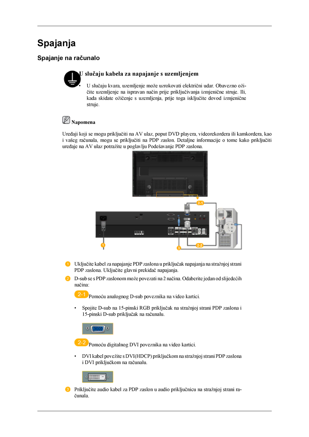 Samsung PH50KLPLBC/EN, PH42KLPLBC/EN manual Spajanja, Spajanje na računalo 