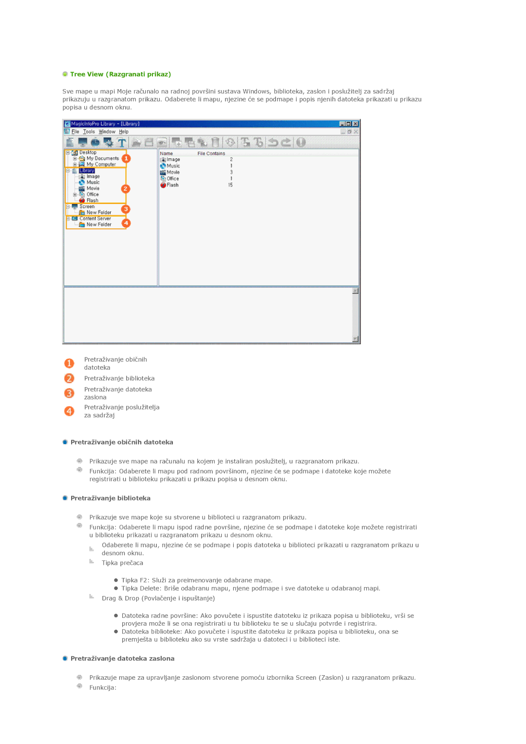 Samsung PH42KLPLBC/EN, PH50KLPLBC/EN Tree View Razgranati prikaz, Pretraživanje običnih datoteka, Pretraživanje biblioteka 