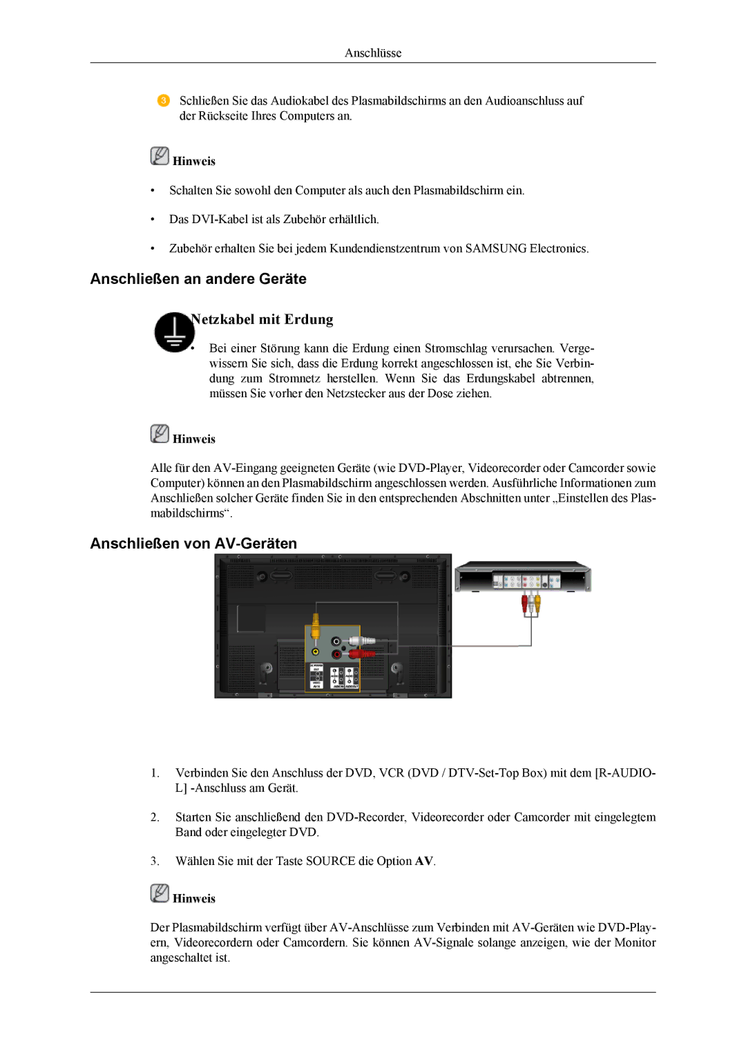 Samsung PH42KLTLBC/EN, PH50KLPLBC/EN, PH42KLPLBC/EN, PH42KPPLBC/EN Anschließen an andere Geräte, Anschließen von AV-Geräten 