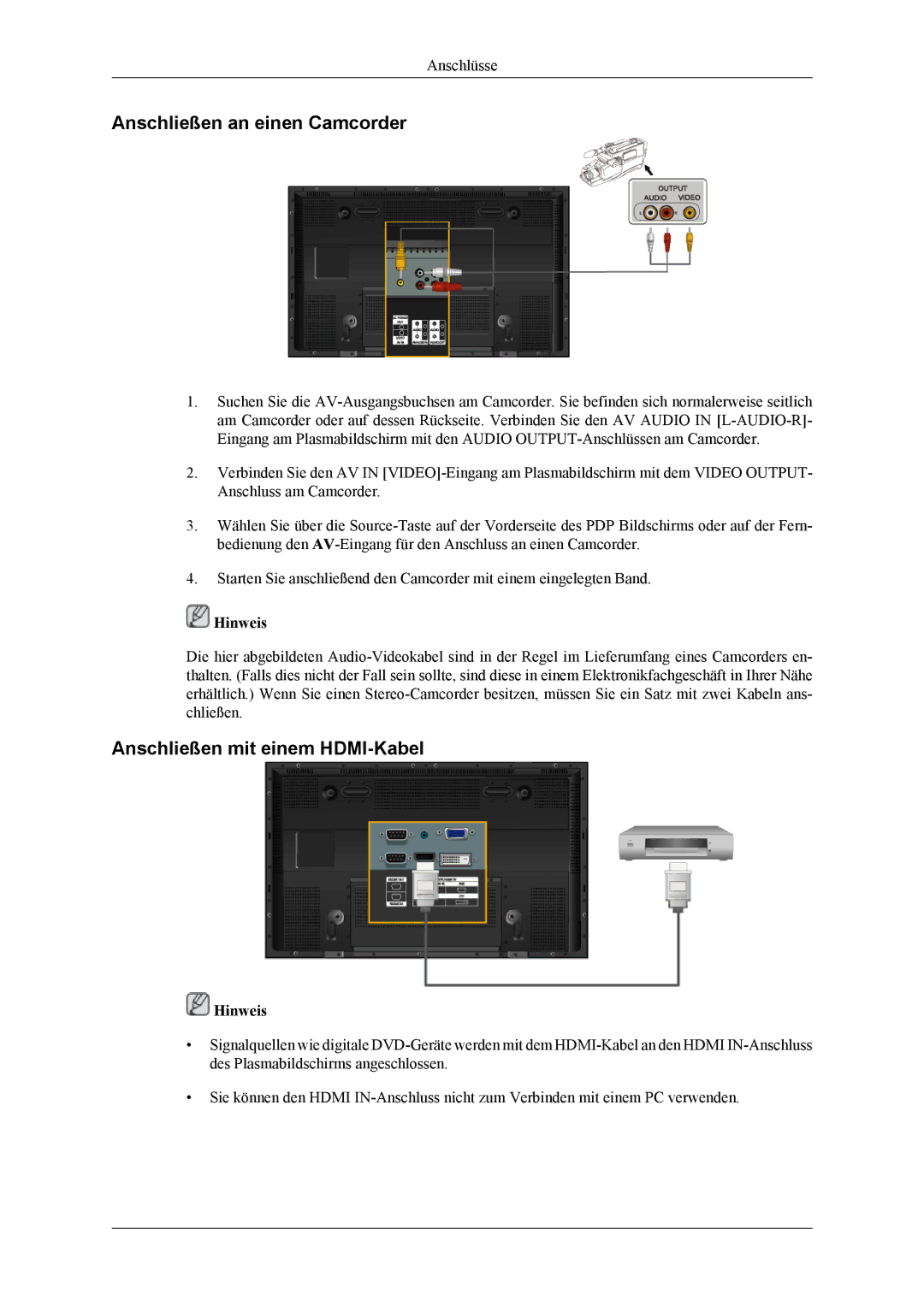 Samsung PH42KLPLBC/EN, PH50KLPLBC/EN, PH42KLTLBC/EN manual Anschließen an einen Camcorder, Anschließen mit einem HDMI-Kabel 