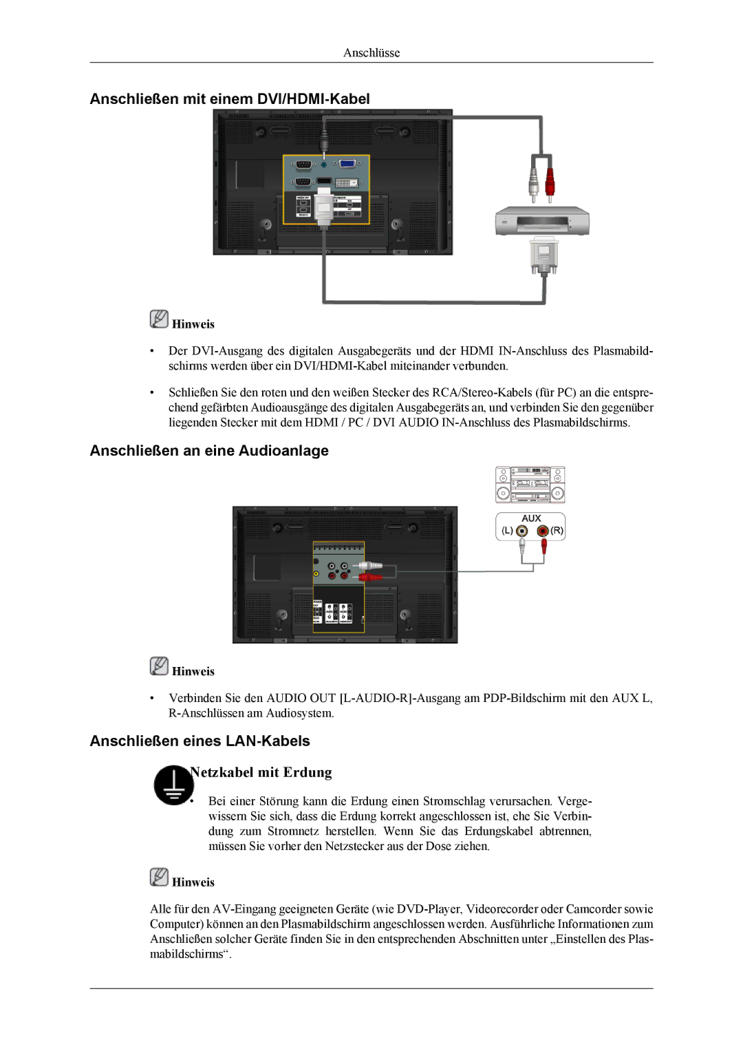 Samsung PH42KPPLBC/EN Anschließen mit einem DVI/HDMI-Kabel, Anschließen an eine Audioanlage, Anschließen eines LAN-Kabels 