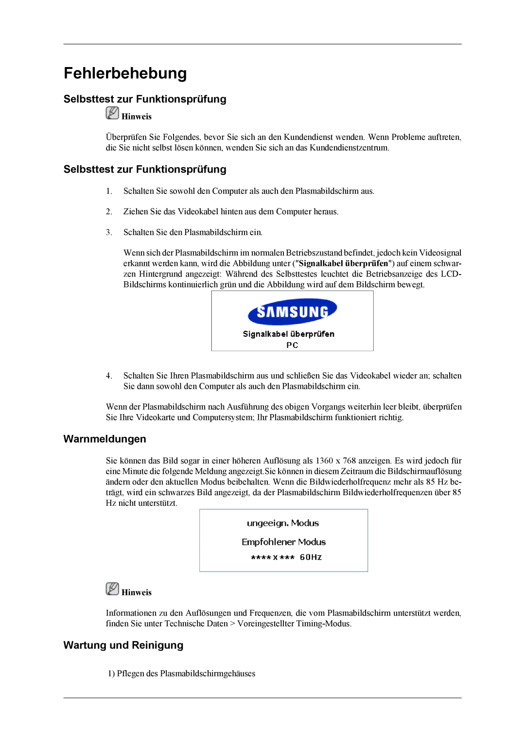 Samsung PH42KLTLBC/EN, PH50KLPLBC/EN, PH42KLPLBC/EN Selbsttest zur Funktionsprüfung, Warnmeldungen, Wartung und Reinigung 