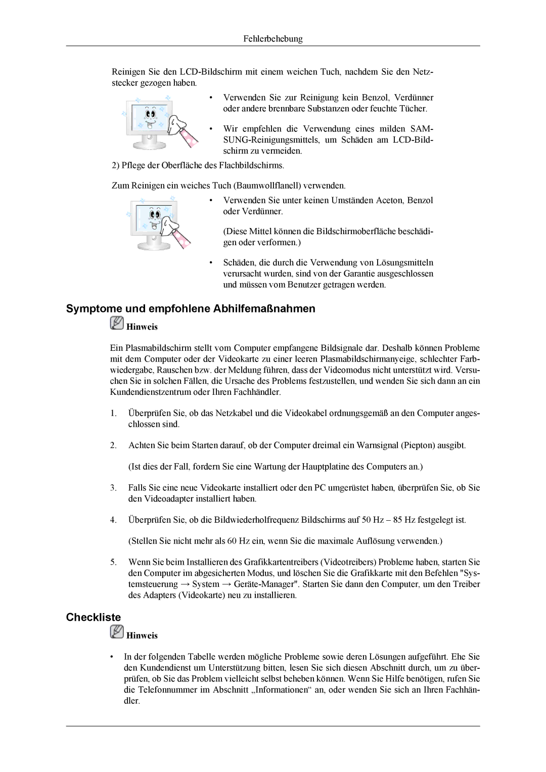 Samsung PH42KLPLBC/EN, PH50KLPLBC/EN, PH42KLTLBC/EN, PH42KPPLBC/EN manual Symptome und empfohlene Abhilfemaßnahmen, Checkliste 