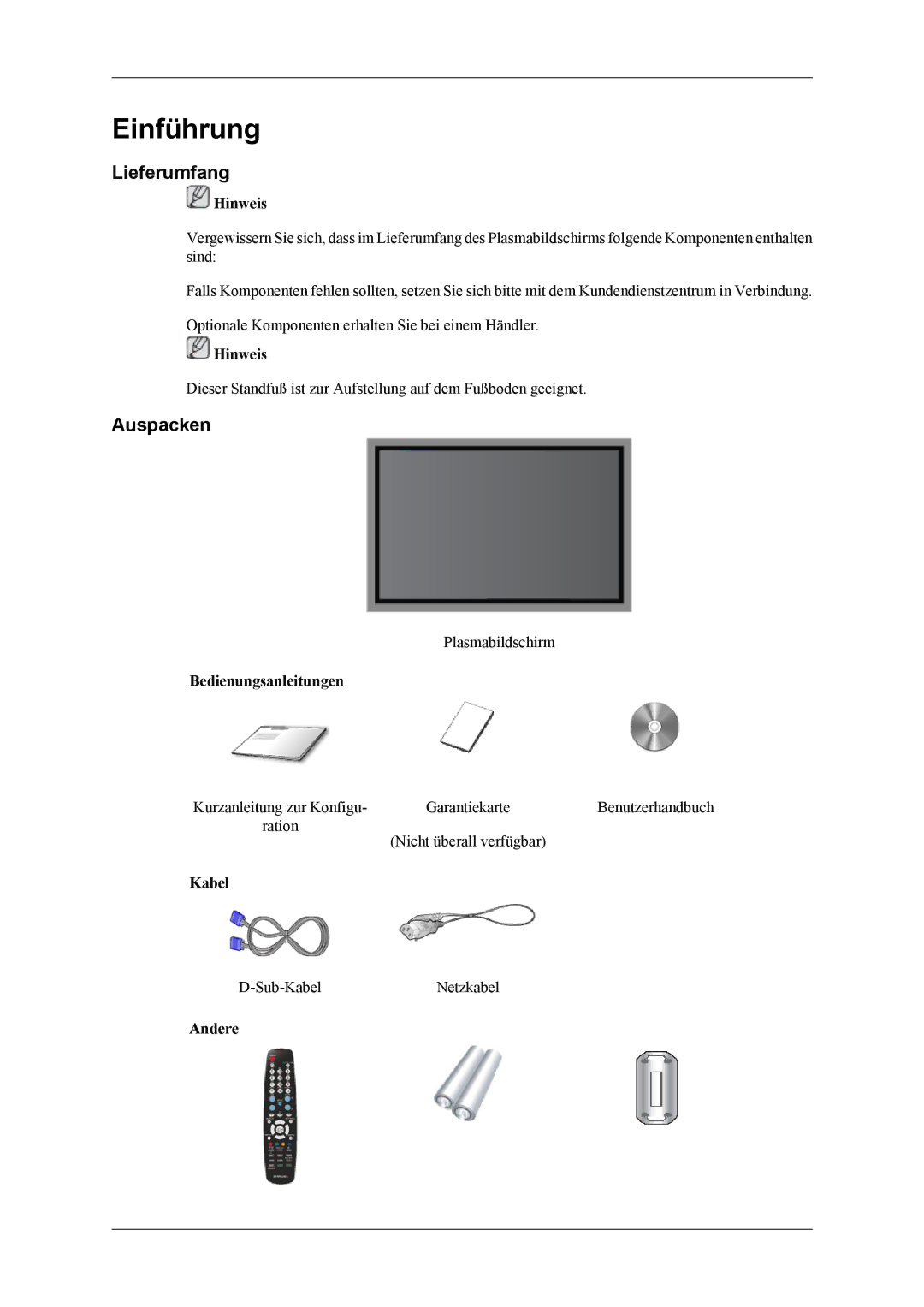 Samsung PH42KLPLBC/EN, PH50KLPLBC/EN, PH42KLTLBC/EN, PH42KPPLBC/EN manual Lieferumfang, Auspacken 