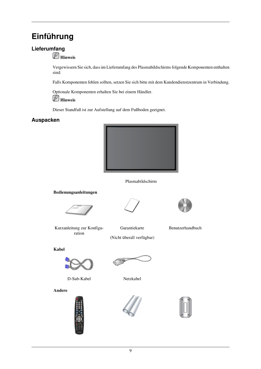 Samsung PH42KLTLBC/EN, PH50KLPLBC/EN, PH42KLPLBC/EN manual Lieferumfang, Auspacken, Bedienungsanleitungen, Kabel, Andere 