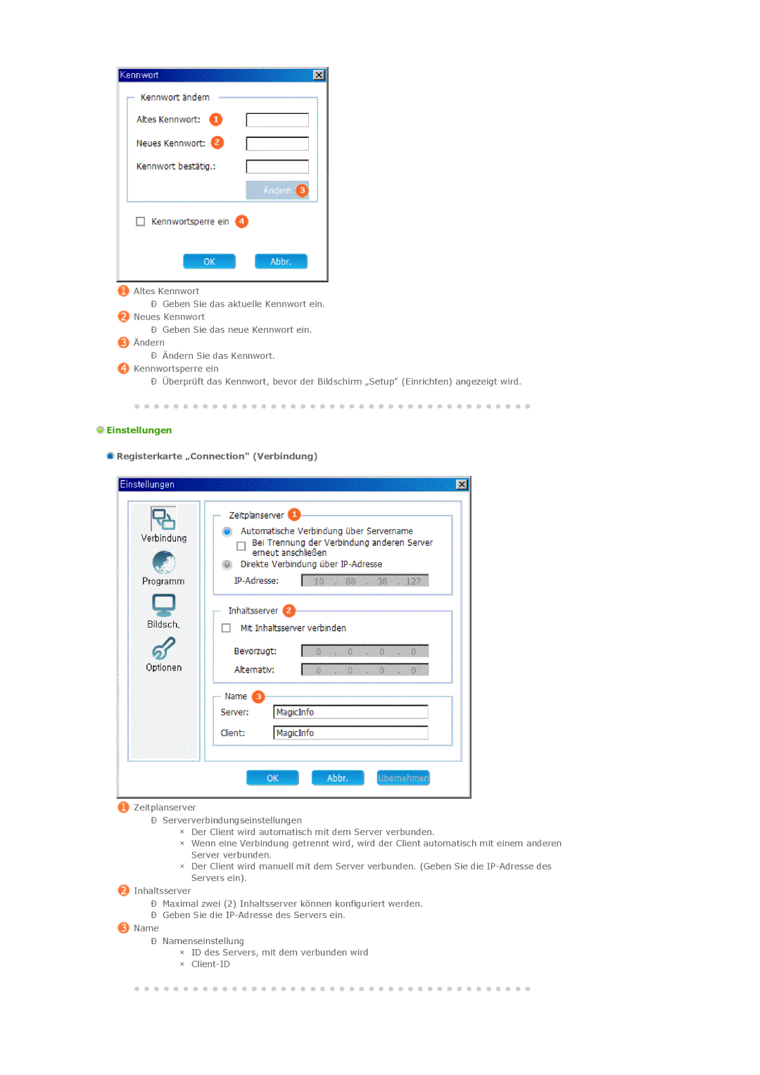 Samsung PH42KLPLBC/EN, PH50KLPLBC/EN, PH42KLTLBC/EN manual Einstellungen, Registerkarte „Connection Verbindung 