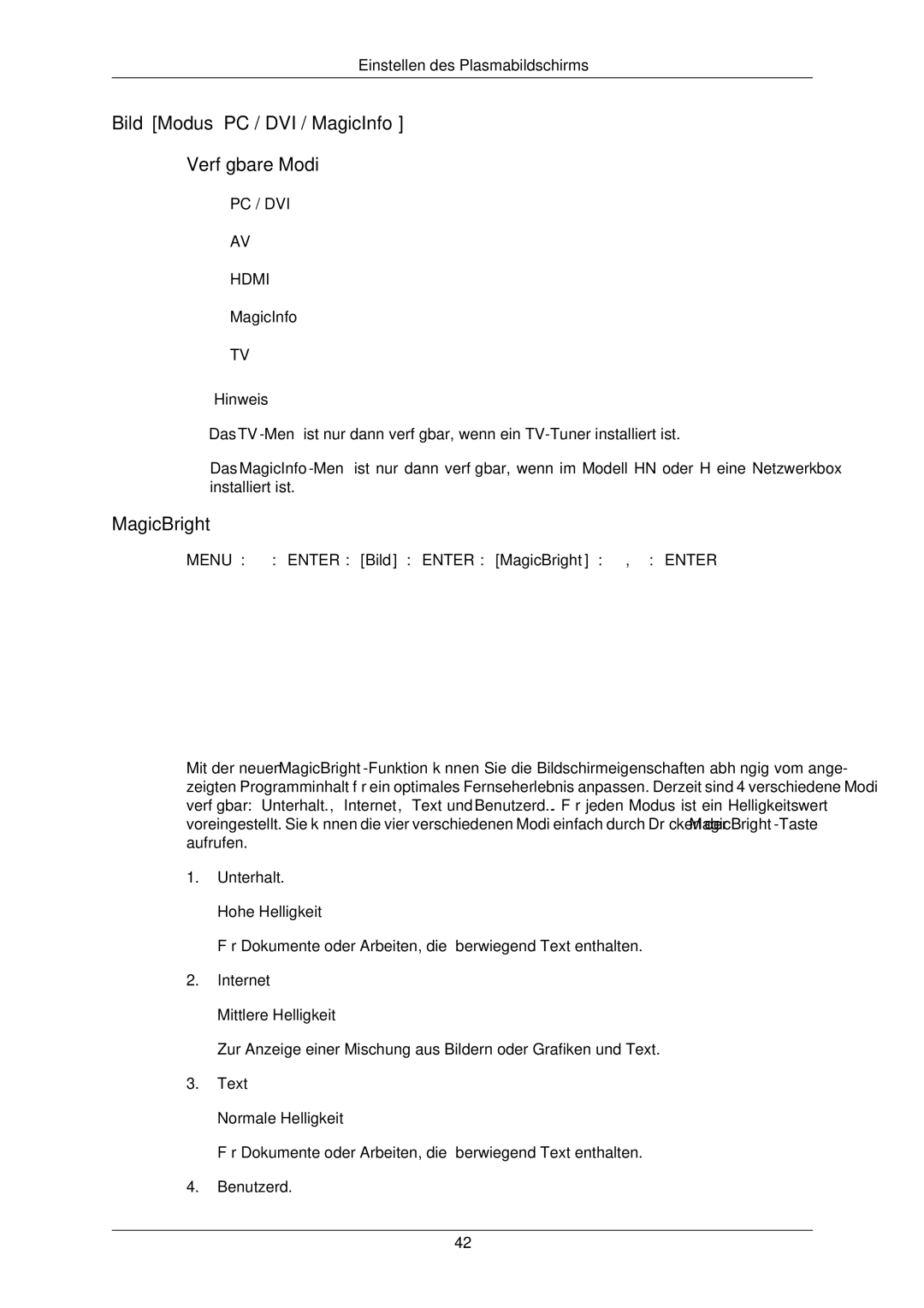 Samsung PH42KLTLBC/EN, PH50KLPLBC/EN, PH42KLPLBC/EN manual Bild Modus PC / DVI / MagicInfo, MagicBright 