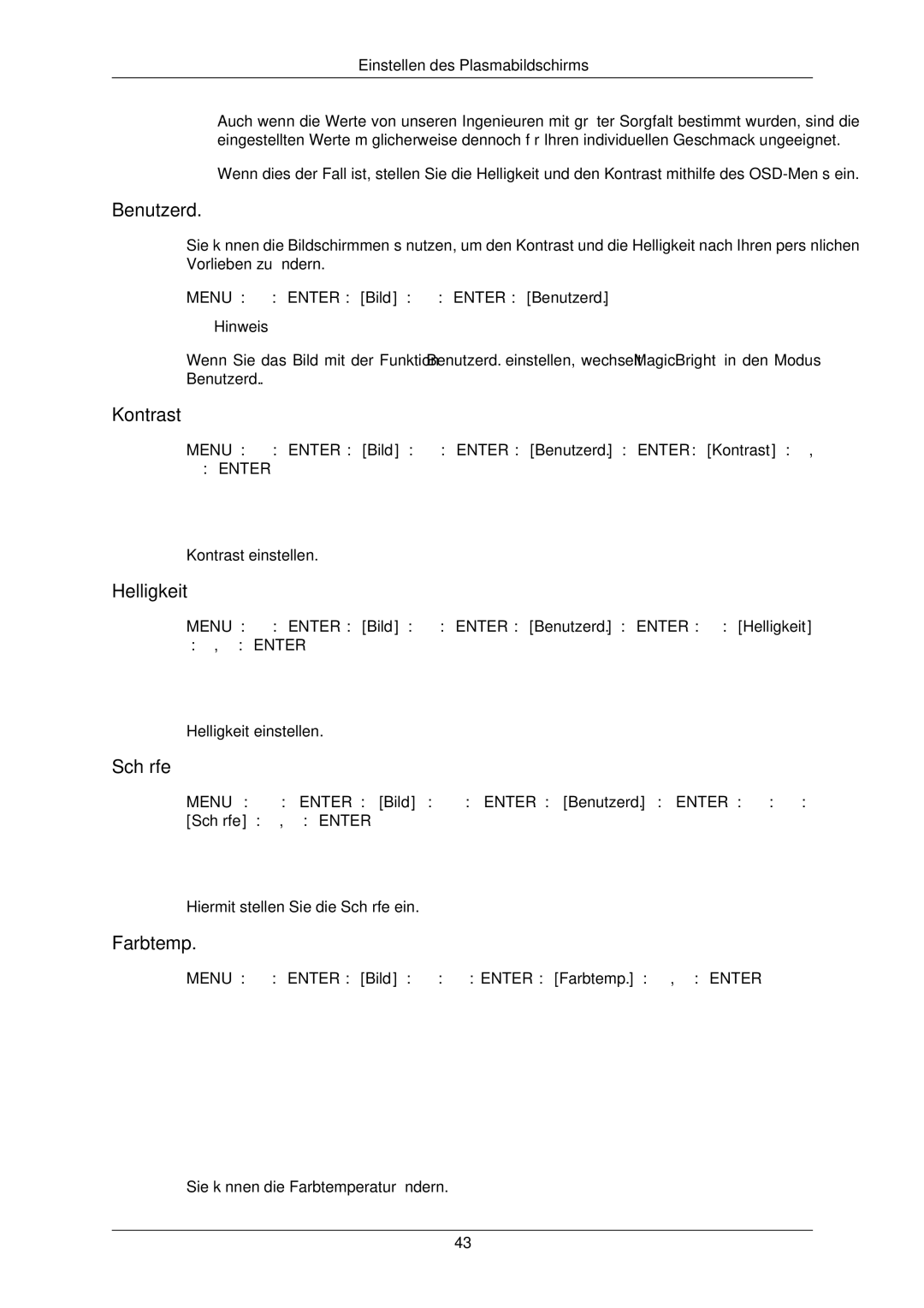 Samsung PH42KLPLBC/EN, PH50KLPLBC/EN, PH42KLTLBC/EN manual Benutzerd, Kontrast, Helligkeit, Schärfe, Farbtemp 