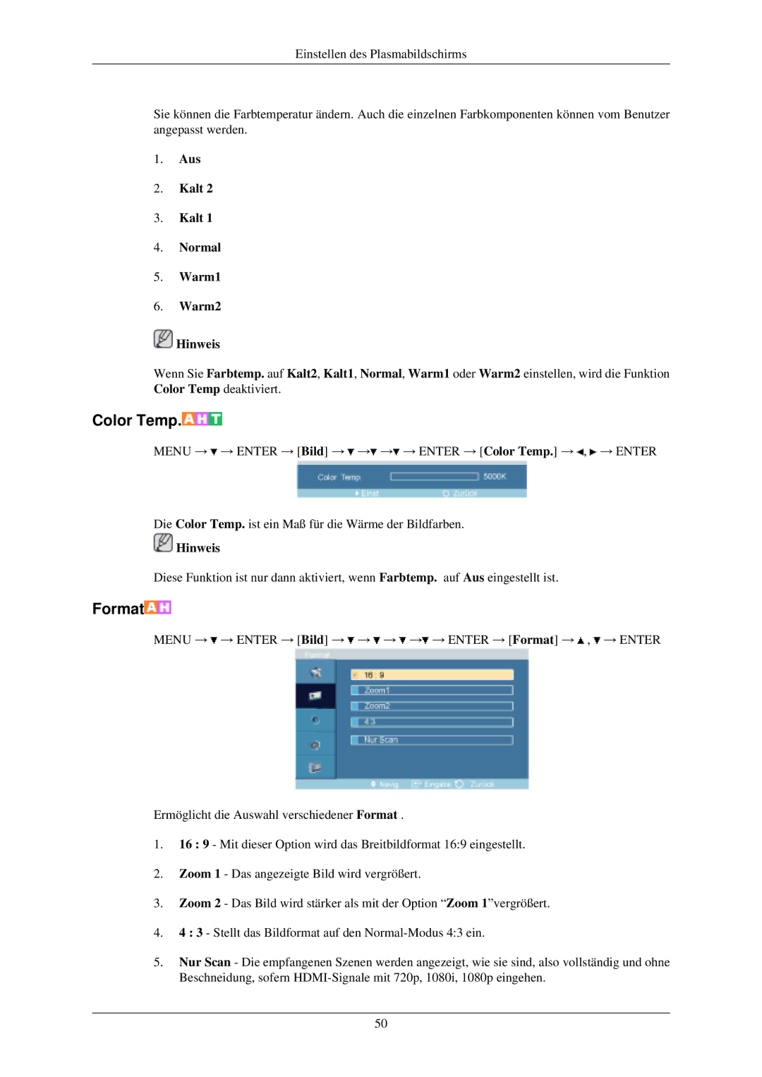 Samsung PH50KLPLBC/EN, PH42KLTLBC/EN, PH42KLPLBC/EN manual Color Temp, Aus Kalt Normal Warm1 Warm2 Hinweis 