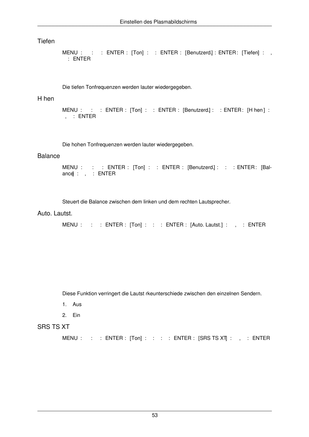 Samsung PH50KLPLBC/EN, PH42KLTLBC/EN, PH42KLPLBC/EN manual Tiefen, Höhen, Balance, Auto. Lautst 