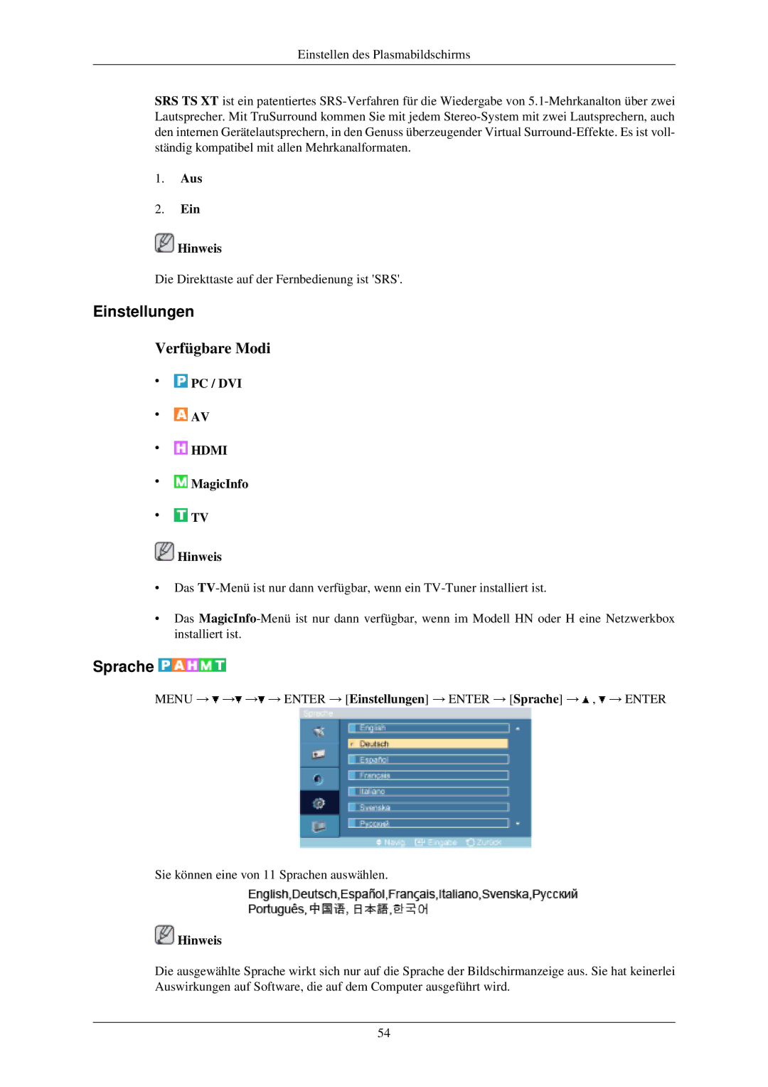 Samsung PH42KLTLBC/EN, PH50KLPLBC/EN, PH42KLPLBC/EN manual Einstellungen, Sprache, Aus Ein Hinweis 