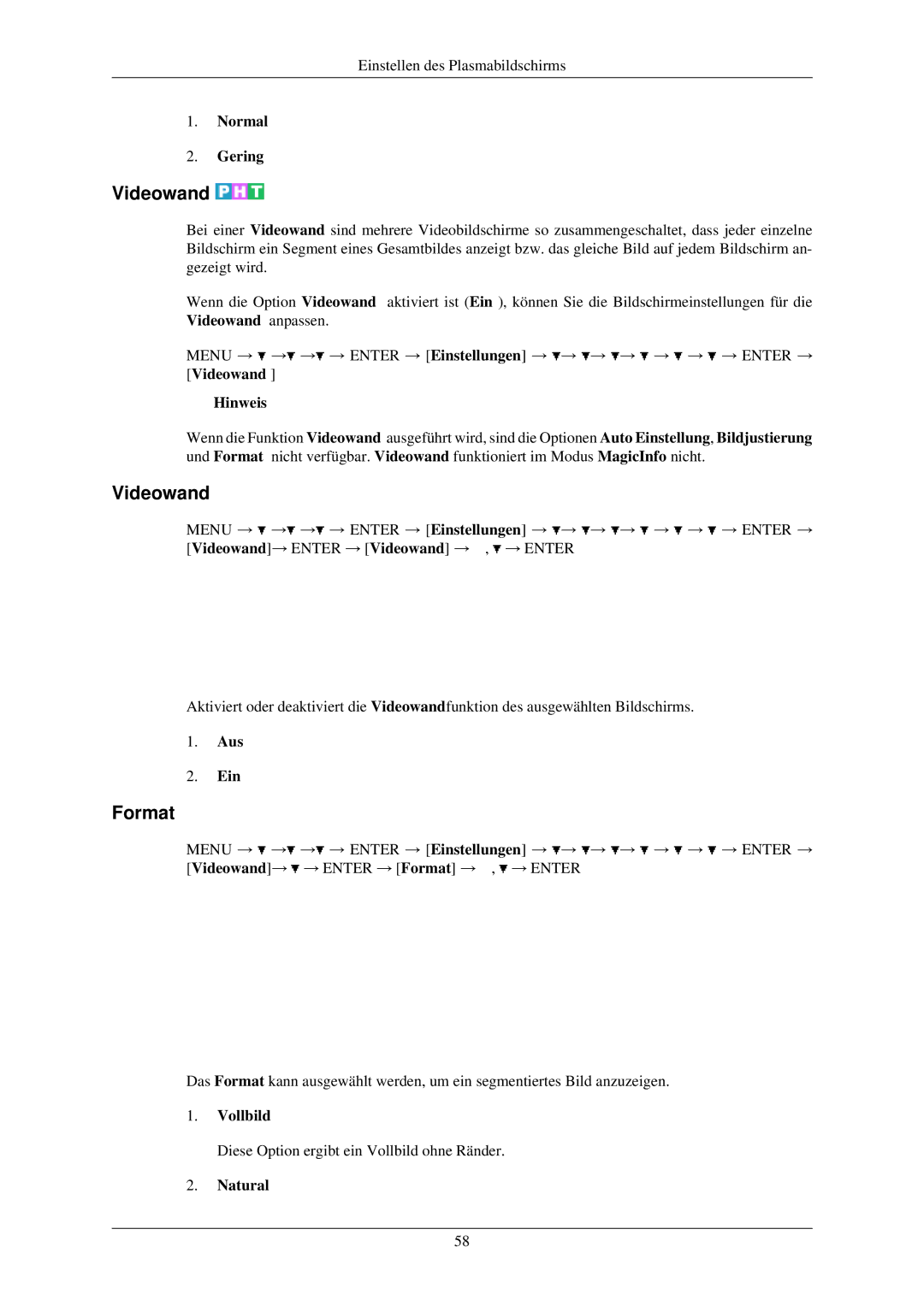 Samsung PH42KLPLBC/EN, PH50KLPLBC/EN, PH42KLTLBC/EN manual Videowand, Normal Gering, Vollbild, Natural 
