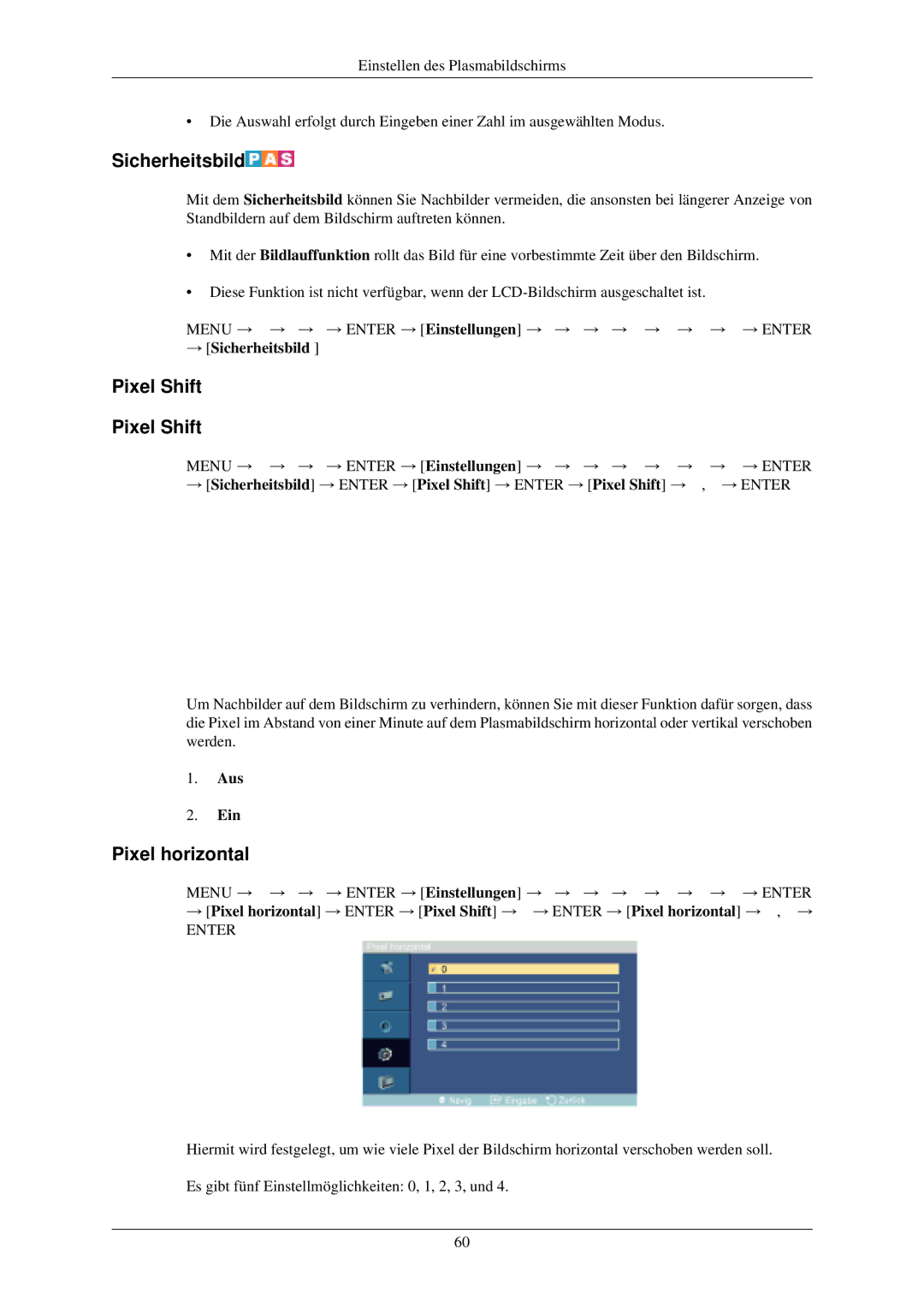 Samsung PH42KLTLBC/EN, PH50KLPLBC/EN, PH42KLPLBC/EN manual Pixel Shift, Pixel horizontal, → Sicherheitsbild 