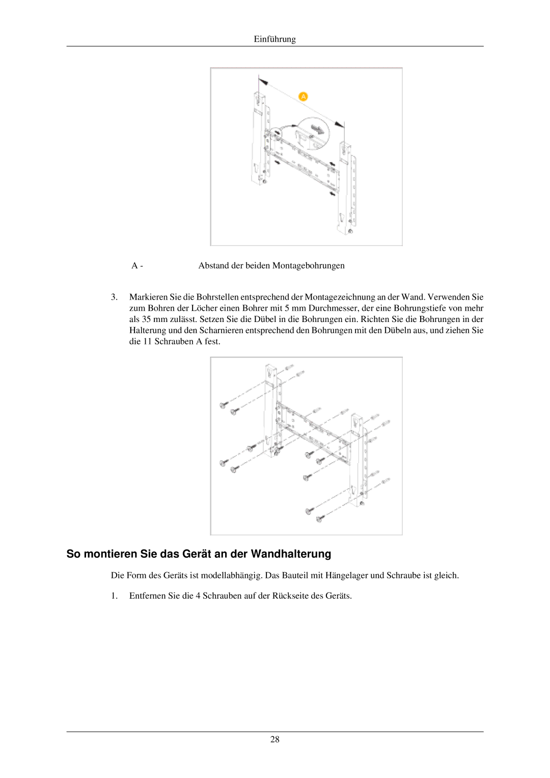 Samsung PH42KLPLBC/EN, PH50KLPLBC/EN, PH42KLTLBC/EN manual So montieren Sie das Gerät an der Wandhalterung 