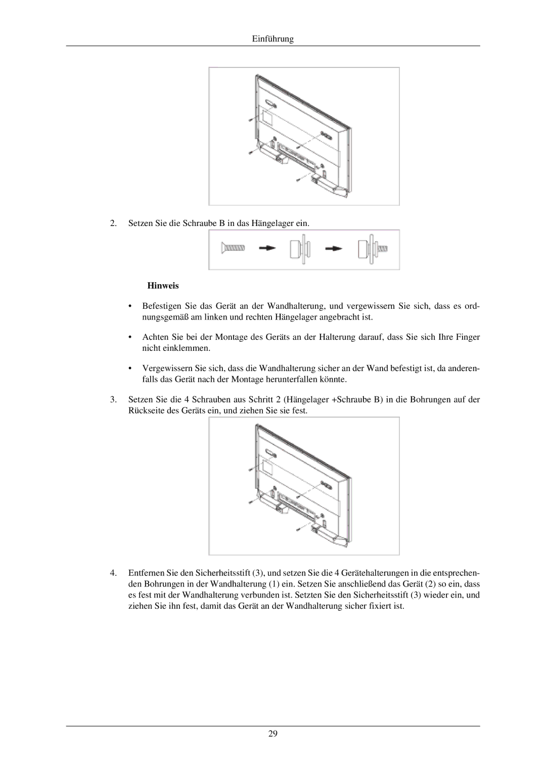 Samsung PH50KLPLBC/EN, PH42KLTLBC/EN, PH42KLPLBC/EN manual Einführung Setzen Sie die Schraube B in das Hängelager ein 