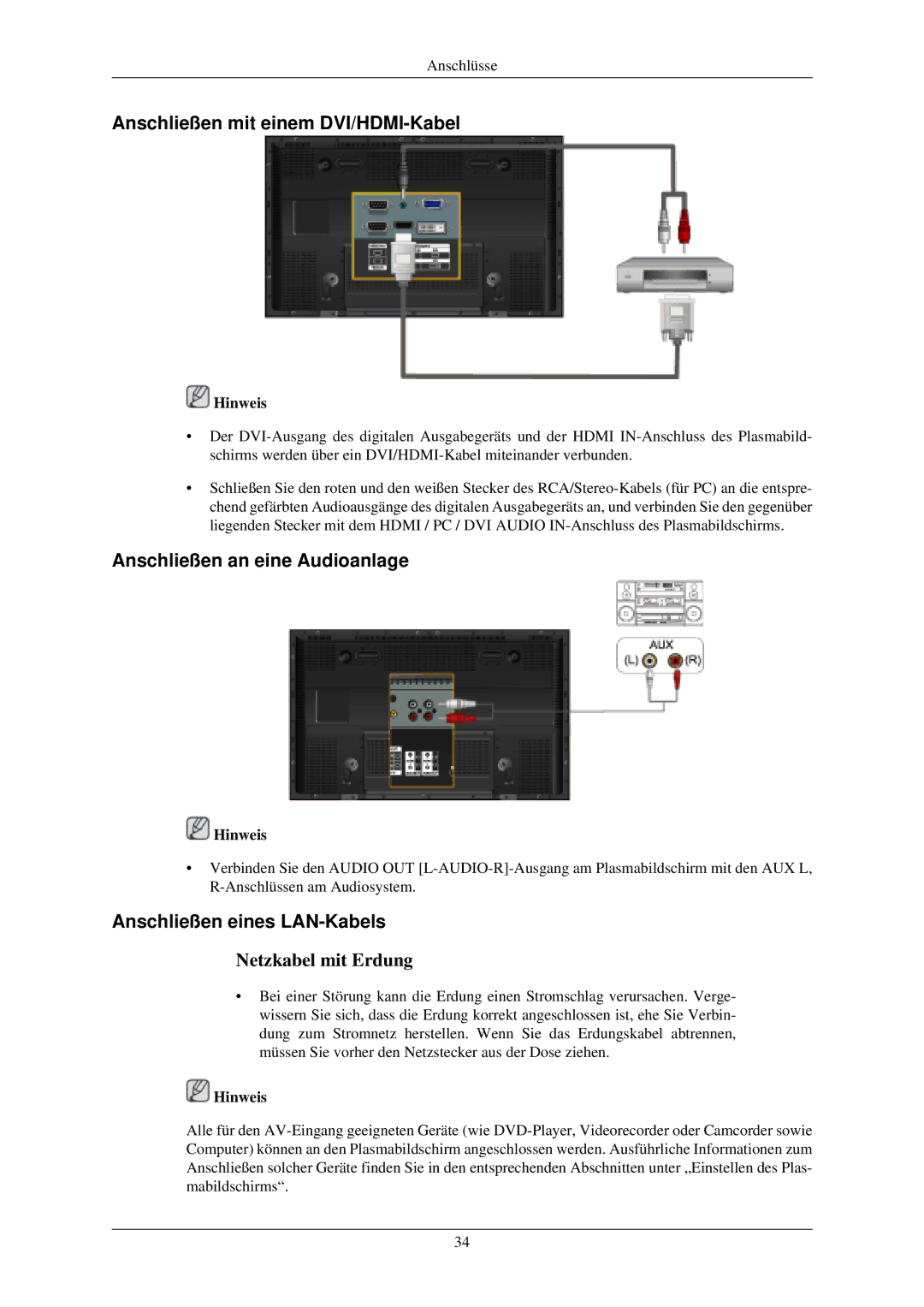 Samsung PH42KLPLBC/EN Anschließen mit einem DVI/HDMI-Kabel, Anschließen an eine Audioanlage, Anschließen eines LAN-Kabels 