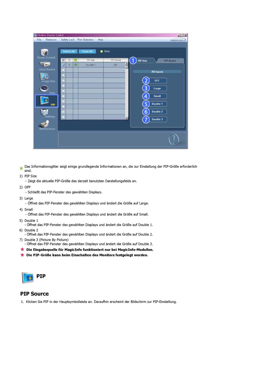 Samsung PH42KLPLBC/EN, PH50KLPLBC/EN, PH42KLTLBC/EN manual PIP Source 