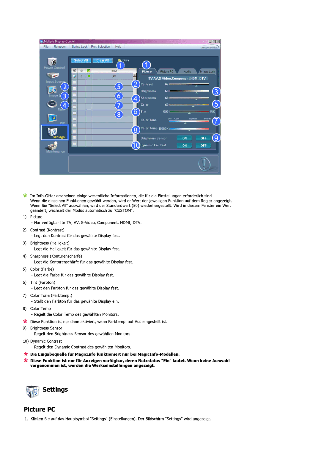 Samsung PH42KLTLBC/EN, PH50KLPLBC/EN, PH42KLPLBC/EN manual Settings Picture PC 