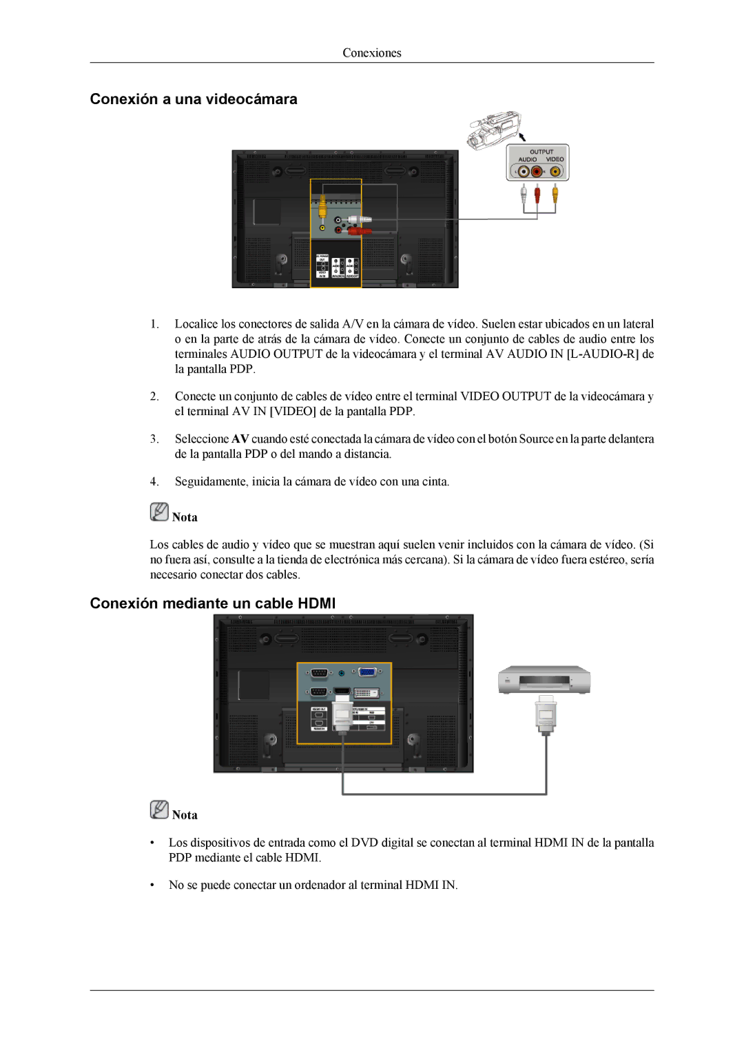 Samsung PH42KLPLBC/EN, PH50KLPLBC/EN, PH50KLTLBC/EN manual Conexión a una videocámara, Conexión mediante un cable Hdmi 