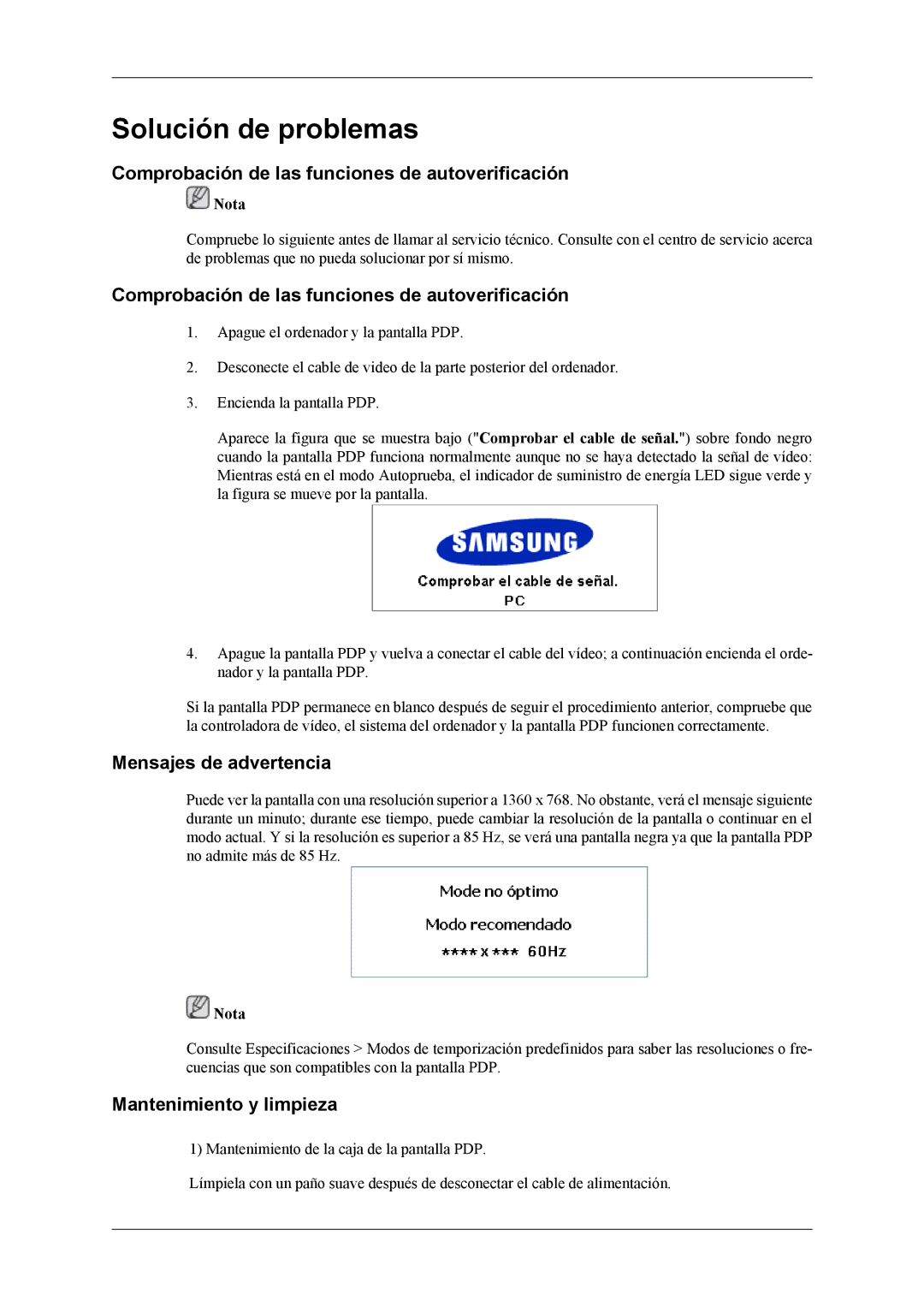 Samsung PH50KLTLBC/EN Comprobación de las funciones de autoverificación, Mensajes de advertencia, Mantenimiento y limpieza 