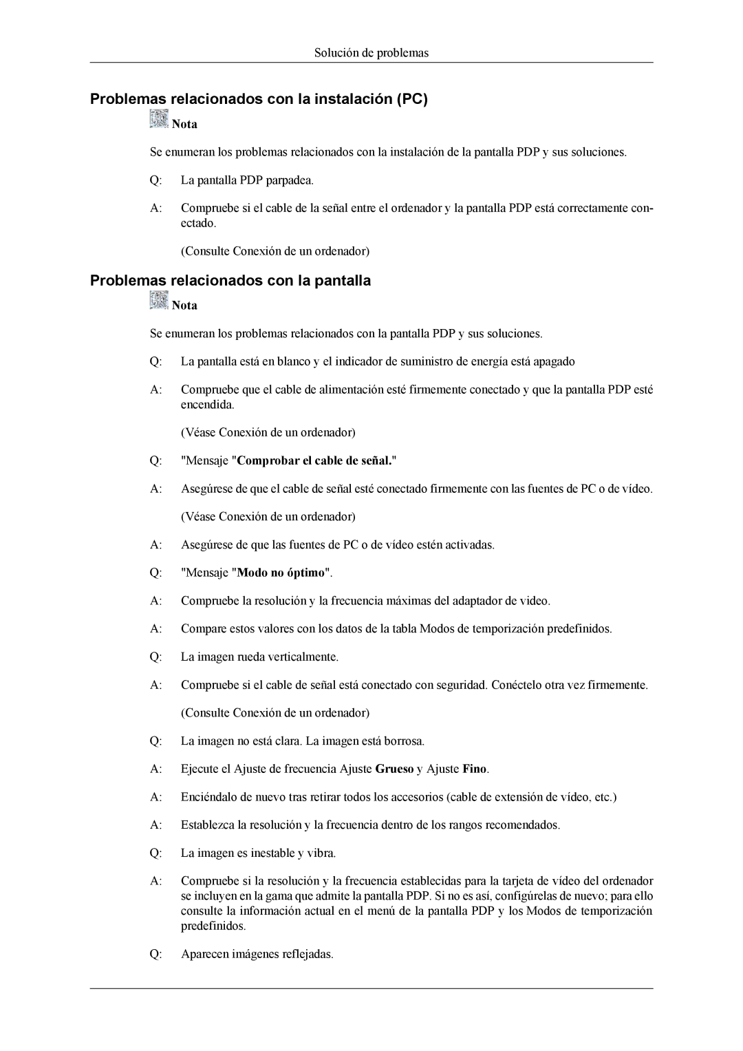 Samsung PH42KPPLBC/EN, PH50KLPLBC/EN Problemas relacionados con la instalación PC, Problemas relacionados con la pantalla 