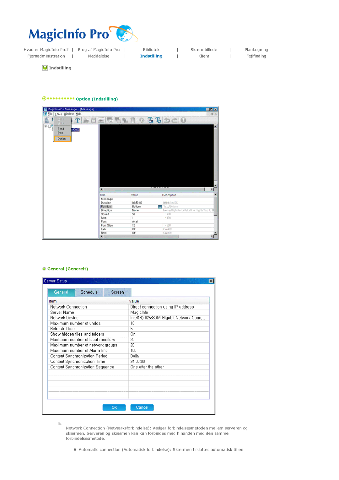 Samsung PH50KLTLBC/EN, PH50KLPLBC/EN, PH42KLPLBC/EN manual Indstilling, General Generelt 