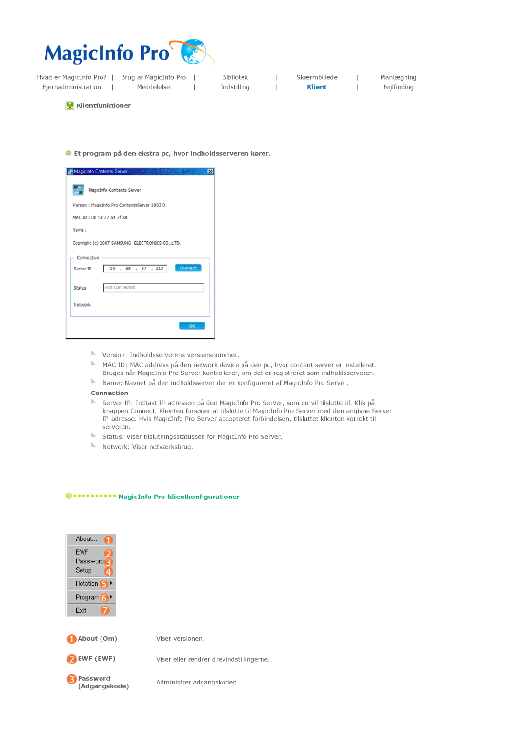 Samsung PH50KLTLBC/EN, PH50KLPLBC/EN Connection, About Om Viser versionen, Password Administrer adgangskoden Adgangskode 