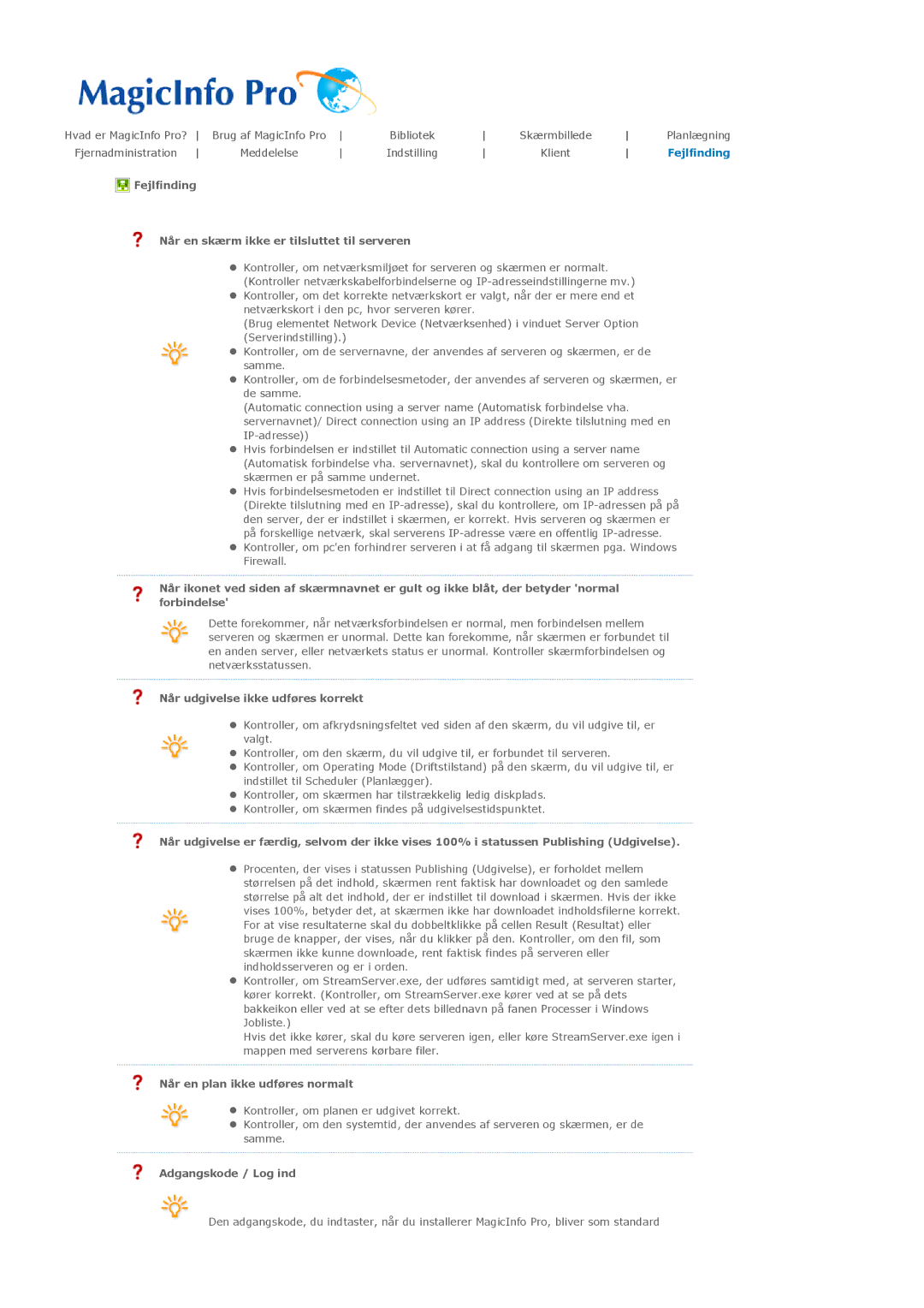 Samsung PH50KLTLBC/EN manual Fejlfinding Når en skærm ikke er tilsluttet til serveren, Når udgivelse ikke udføres korrekt 