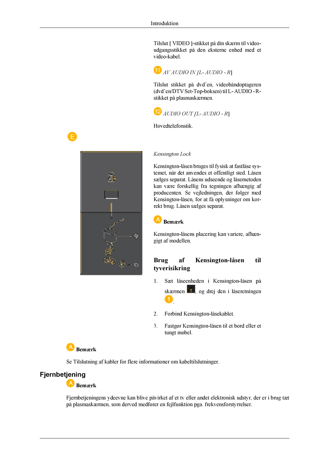 Samsung PH42KLPLBC/EN, PH50KLPLBC/EN, PH50KLTLBC/EN manual Fjernbetjening, AV Audio in L- Audio R 