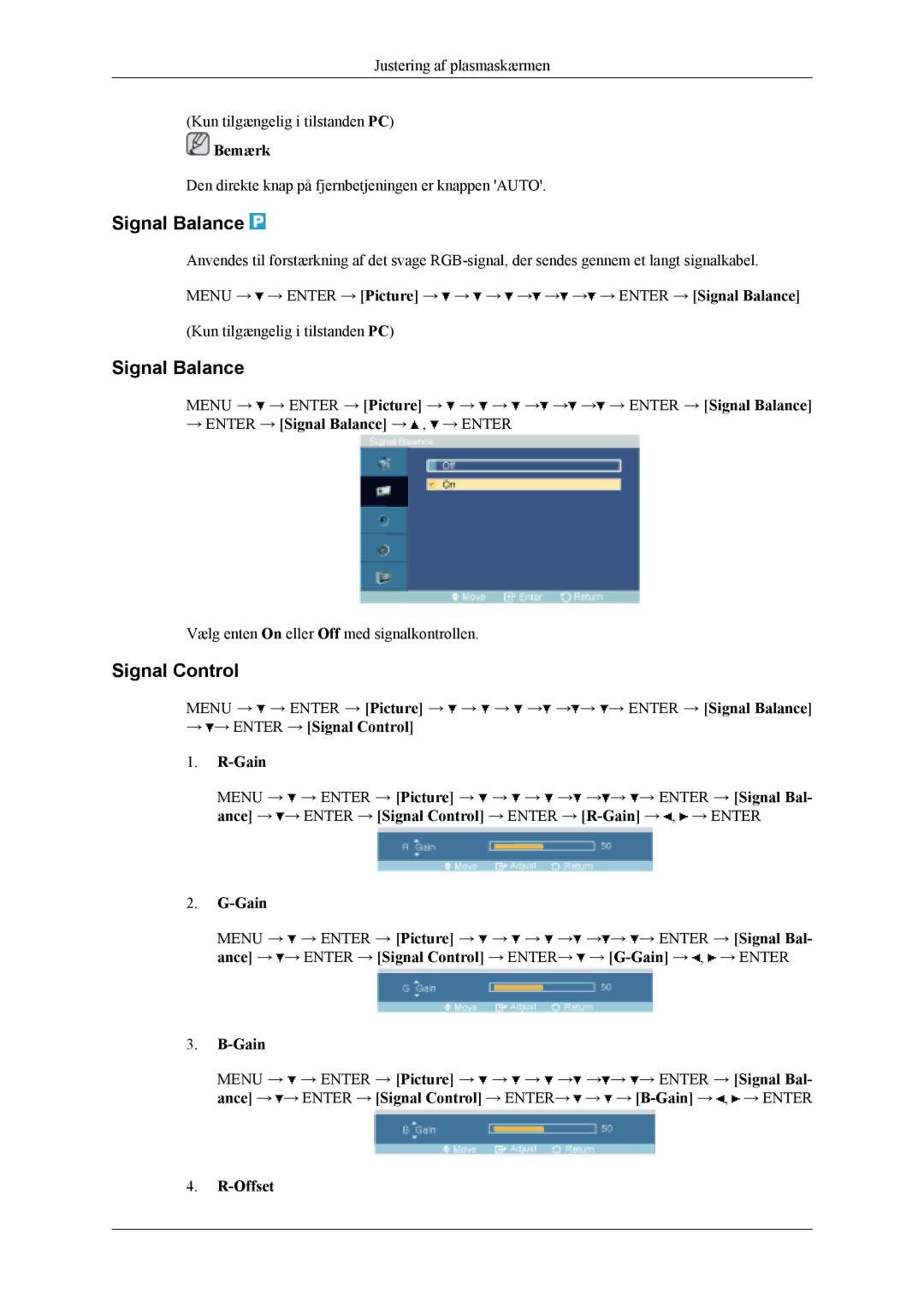 Samsung PH50KLPLBC/EN, PH50KLTLBC/EN, PH42KLPLBC/EN manual Signal Balance, → → Enter → Signal Control Gain, Offset 
