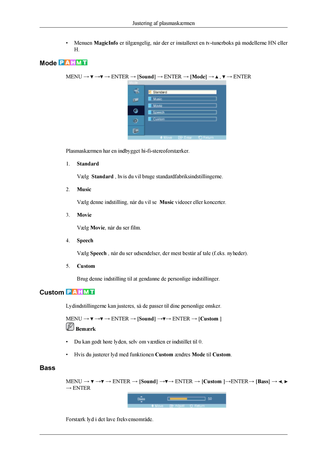 Samsung PH50KLPLBC/EN, PH50KLTLBC/EN, PH42KLPLBC/EN manual Bass, Standard, Music, Movie, Speech 