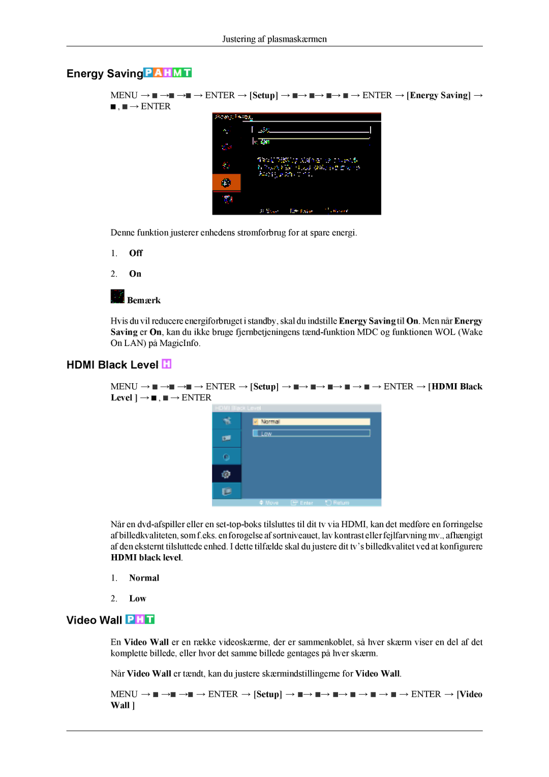 Samsung PH42KLPLBC/EN, PH50KLPLBC/EN, PH50KLTLBC/EN Energy Saving, Hdmi Black Level, Video Wall, Off Bemærk, Normal Low 