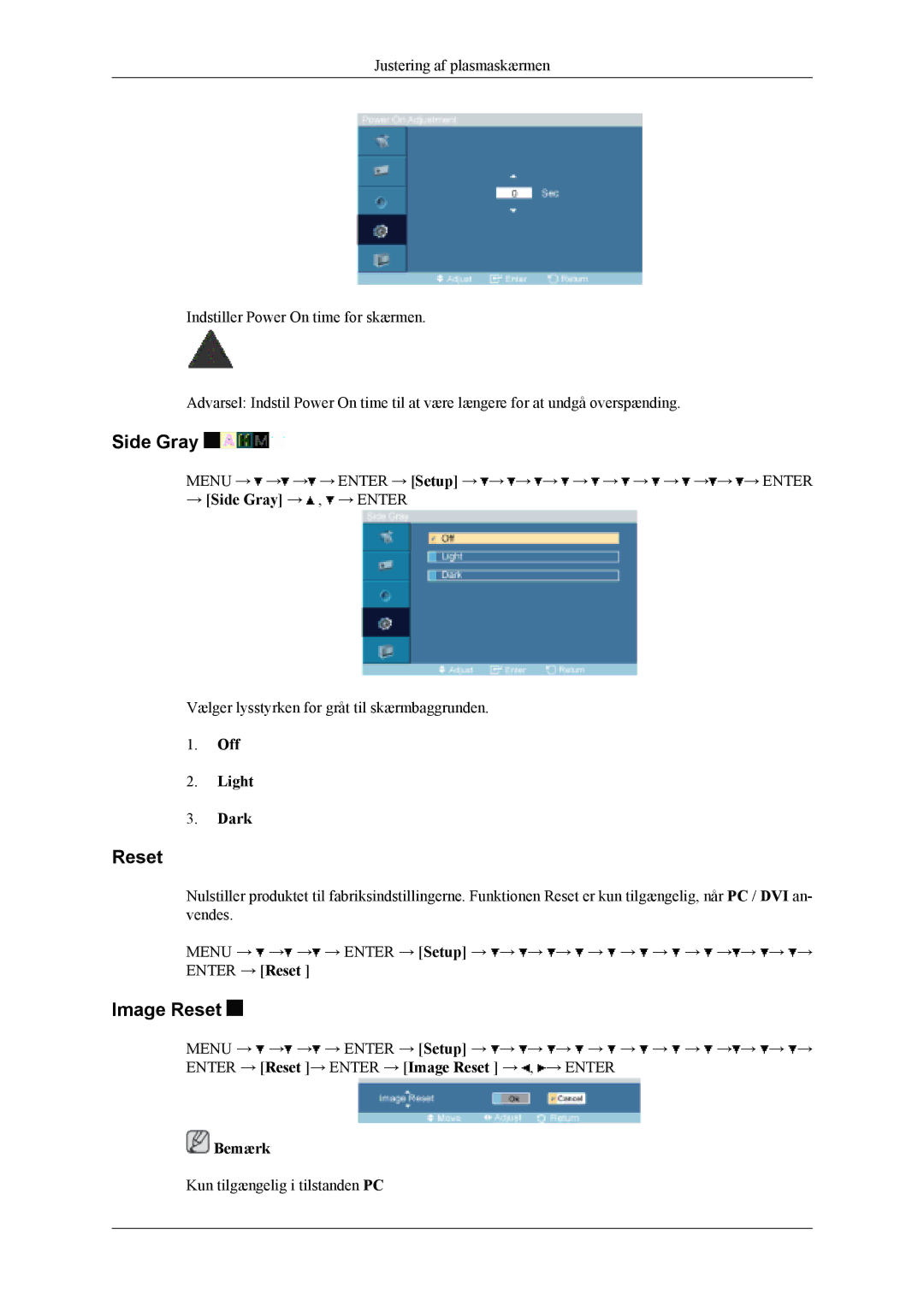 Samsung PH50KLTLBC/EN, PH50KLPLBC/EN, PH42KLPLBC/EN manual Side Gray, Image Reset, Off Light Dark 