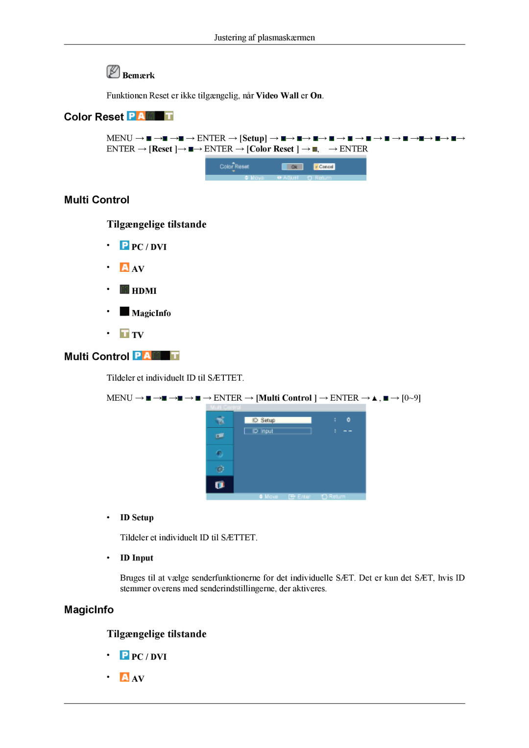 Samsung PH42KLPLBC/EN, PH50KLPLBC/EN, PH50KLTLBC/EN manual Color Reset, Multi Control, MagicInfo, ID Setup, ID Input 