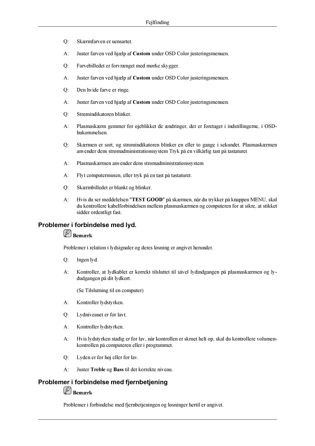 Samsung PH50KLTLBC/EN, PH50KLPLBC/EN manual Problemer i forbindelse med lyd, Problemer i forbindelse med fjernbetjening 