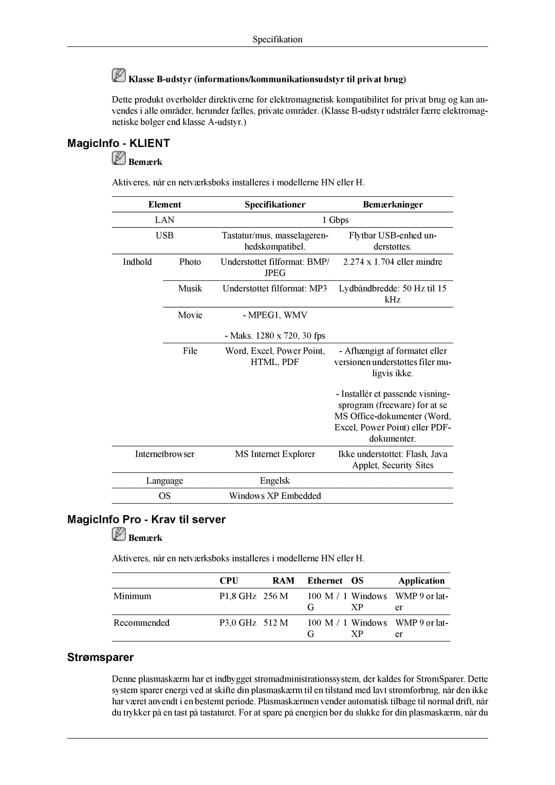 Samsung PH50KLPLBC/EN MagicInfo Klient, MagicInfo Pro Krav til server, Strømsparer, Element Specifikationer Bemærkninger 