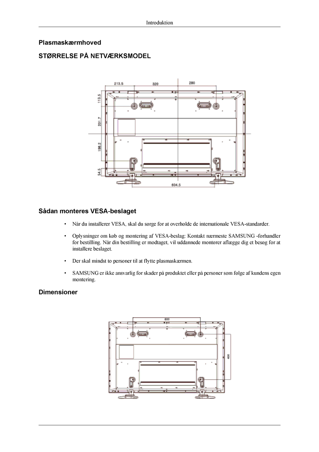 Samsung PH50KLTLBC/EN, PH50KLPLBC/EN, PH42KLPLBC/EN manual Plasmaskærmhoved, Sådan monteres VESA-beslaget, Dimensioner 