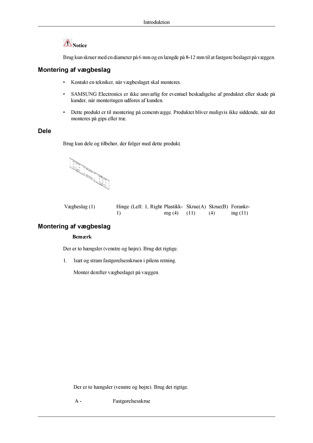 Samsung PH42KLPLBC/EN, PH50KLPLBC/EN, PH50KLTLBC/EN manual Montering af vægbeslag, Dele 