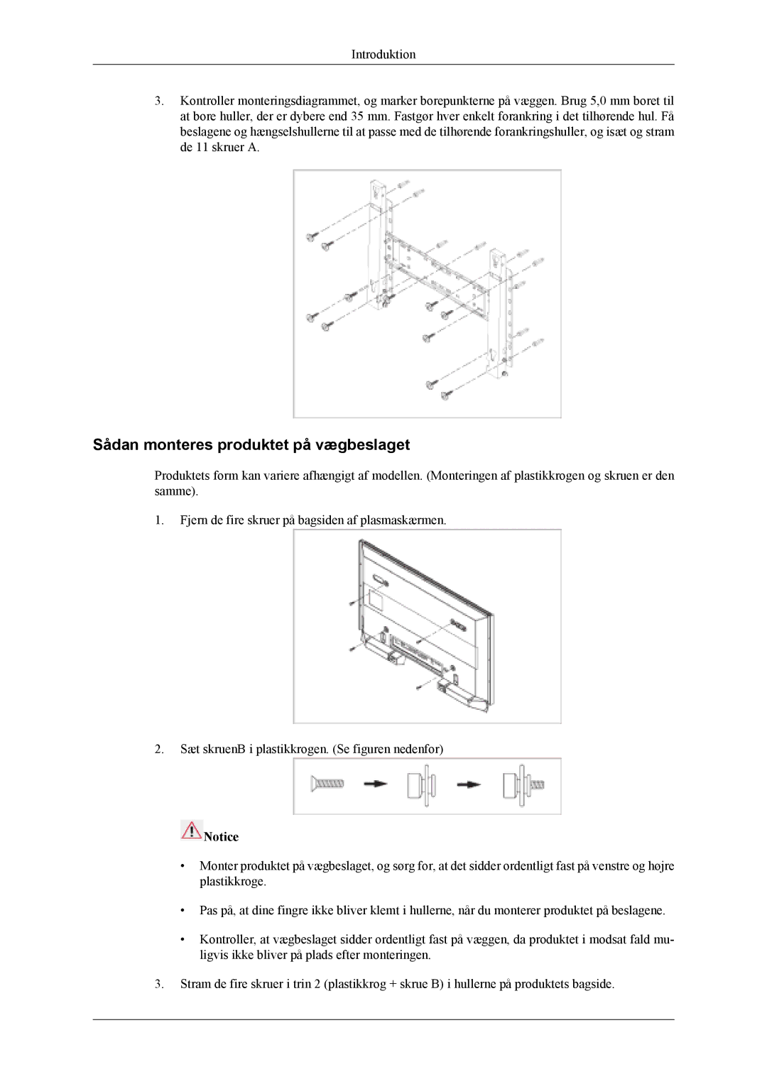 Samsung PH50KLPLBC/EN, PH50KLTLBC/EN, PH42KLPLBC/EN manual Sådan monteres produktet på vægbeslaget 