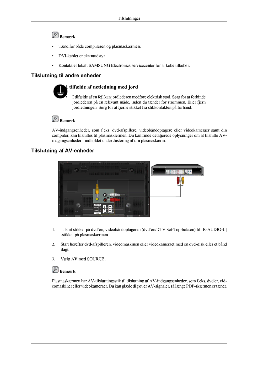 Samsung PH50KLTLBC/EN, PH50KLPLBC/EN, PH42KLPLBC/EN manual Tilslutning til andre enheder, Tilslutning af AV-enheder 