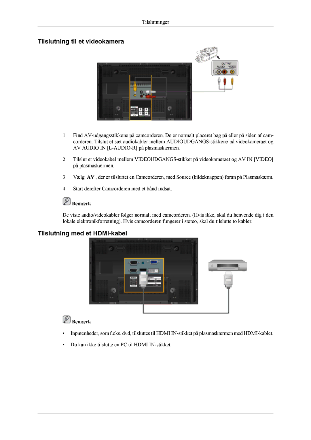 Samsung PH42KLPLBC/EN, PH50KLPLBC/EN, PH50KLTLBC/EN manual Tilslutning til et videokamera, Tilslutning med et HDMI-kabel 