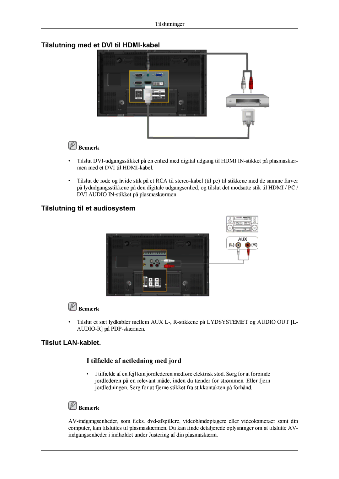 Samsung PH50KLPLBC/EN manual Tilslutning med et DVI til HDMI-kabel, Tilslutning til et audiosystem, Tilslut LAN-kablet 