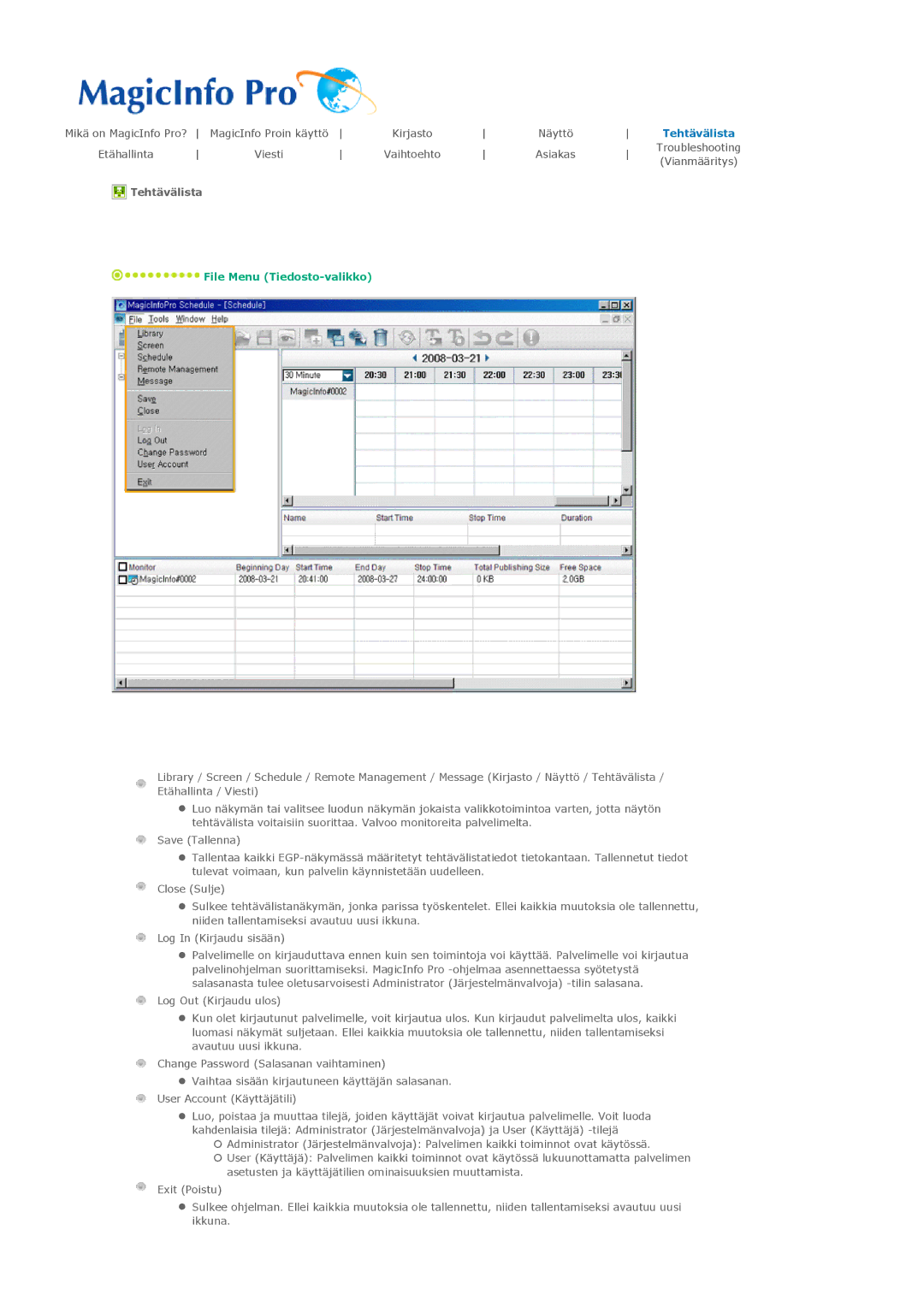 Samsung PH50KLPLBC/EN, PH50KLTLBC/EN, PH42KLPLBC/EN manual Tehtävälista, File Menu Tiedosto-valikko 