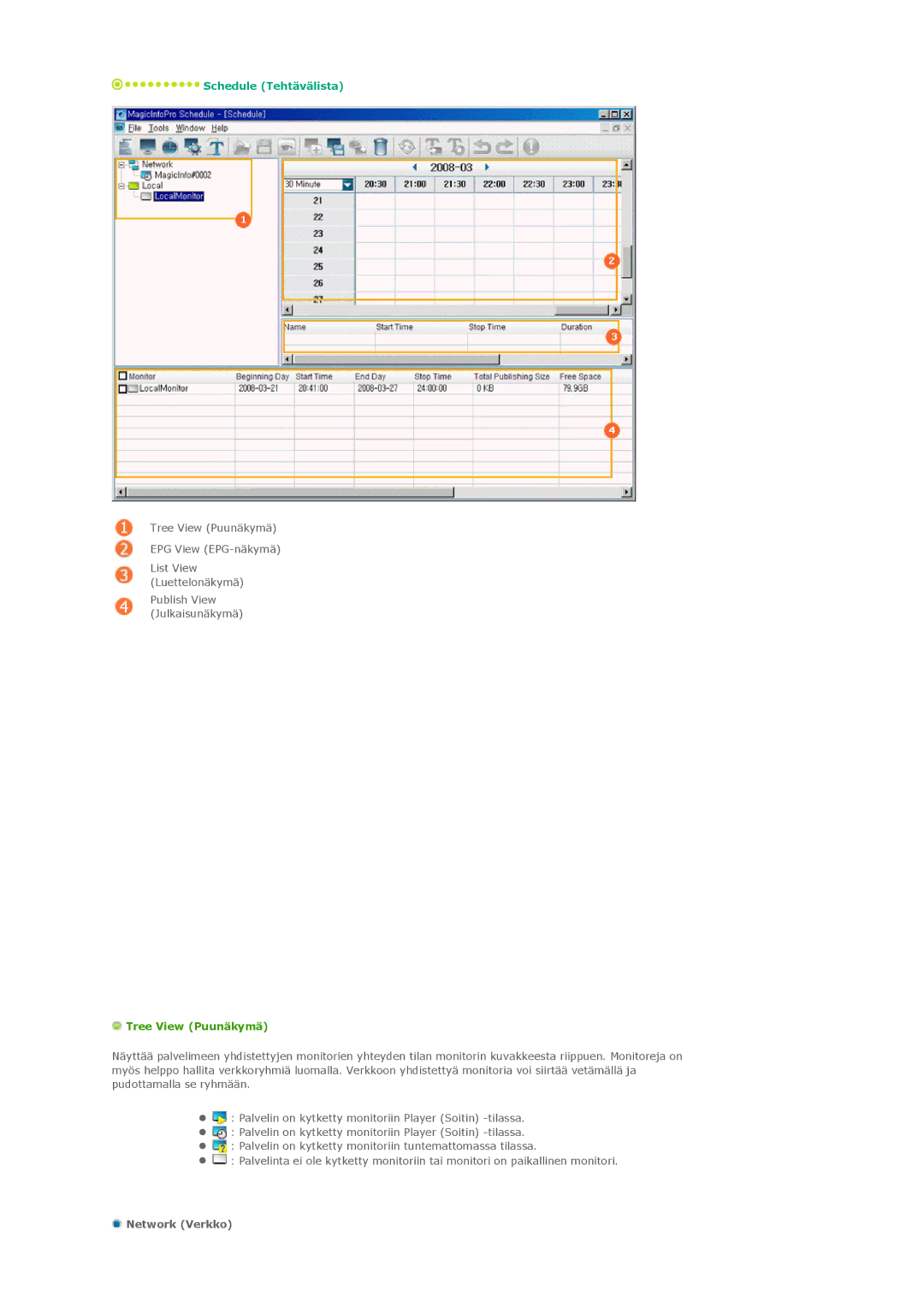 Samsung PH42KLPLBC/EN, PH50KLPLBC/EN, PH50KLTLBC/EN manual Schedule Tehtävälista, Network Verkko 