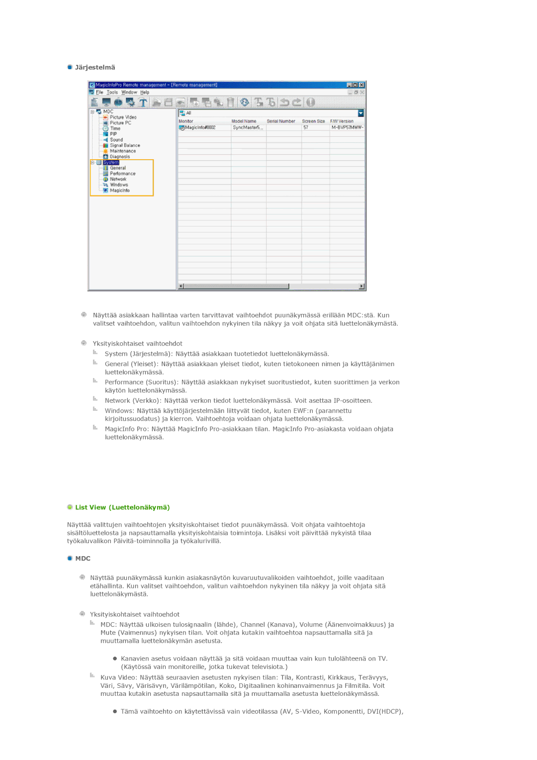 Samsung PH42KLPLBC/EN, PH50KLPLBC/EN, PH50KLTLBC/EN manual Järjestelmä, List View Luettelonäkymä 